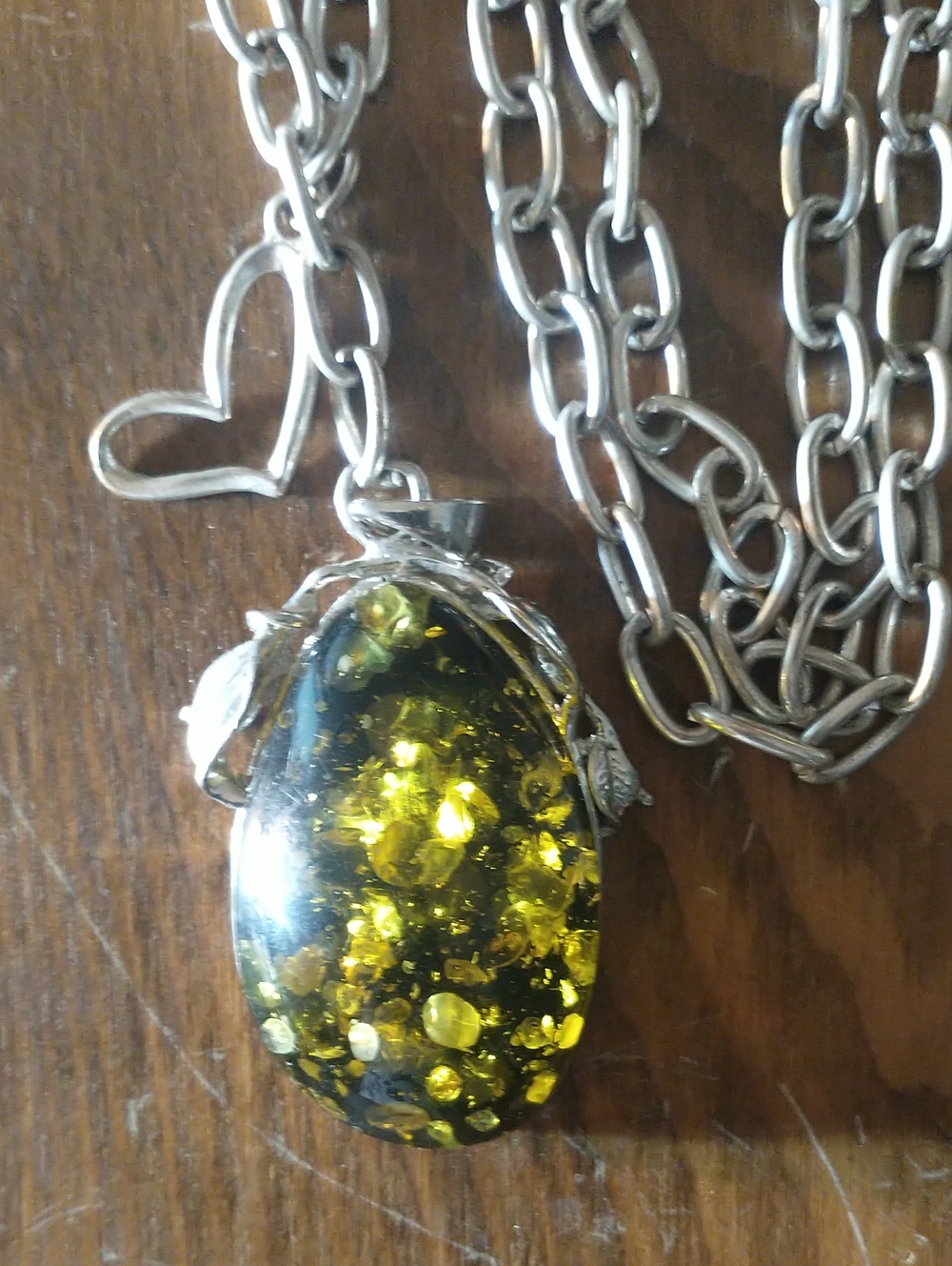 Silver Tone Amber Pendant Necklace - Green Amber Teardrop